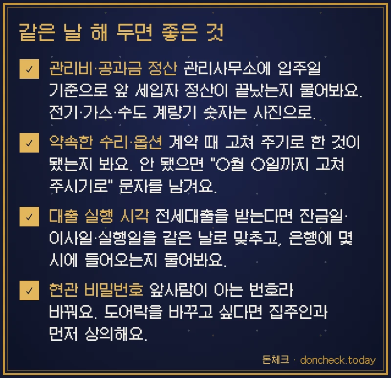 같은 날 해 두면 좋은 것 한 장으로 보기: 관리비·공과금 정산 관리사무소에 입주일 기준으로 앞 세입자 정산이 끝났는지 물어봐요. 전기·가스·수도 계량기 숫자는 사진으로. · 약속한 수리·옵션 계약 때 고쳐 주기로 한 것이 됐는지 봐요. 안 됐으면 "○월 ○일까지 고쳐 주시기로" 문자를 남겨요. · 대출 실행 시각 전세대출을 받는다면 잔금일·이사일·실행일을 같은 날로 맞추고, 은행에 몇 시에 들어오는지 물어봐요. · 현관 비밀번호 앞사람이 아는 번호라 바꿔요. 도어락을 바꾸고 싶다면 집주인과 먼저 상의해요.